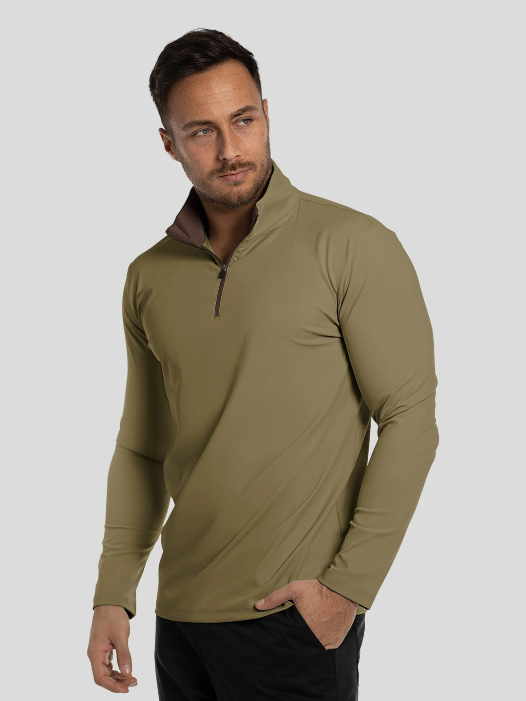 SmoothBlend Slim Fit Half Zip Mock Neck Tee: Zip Contrast Color