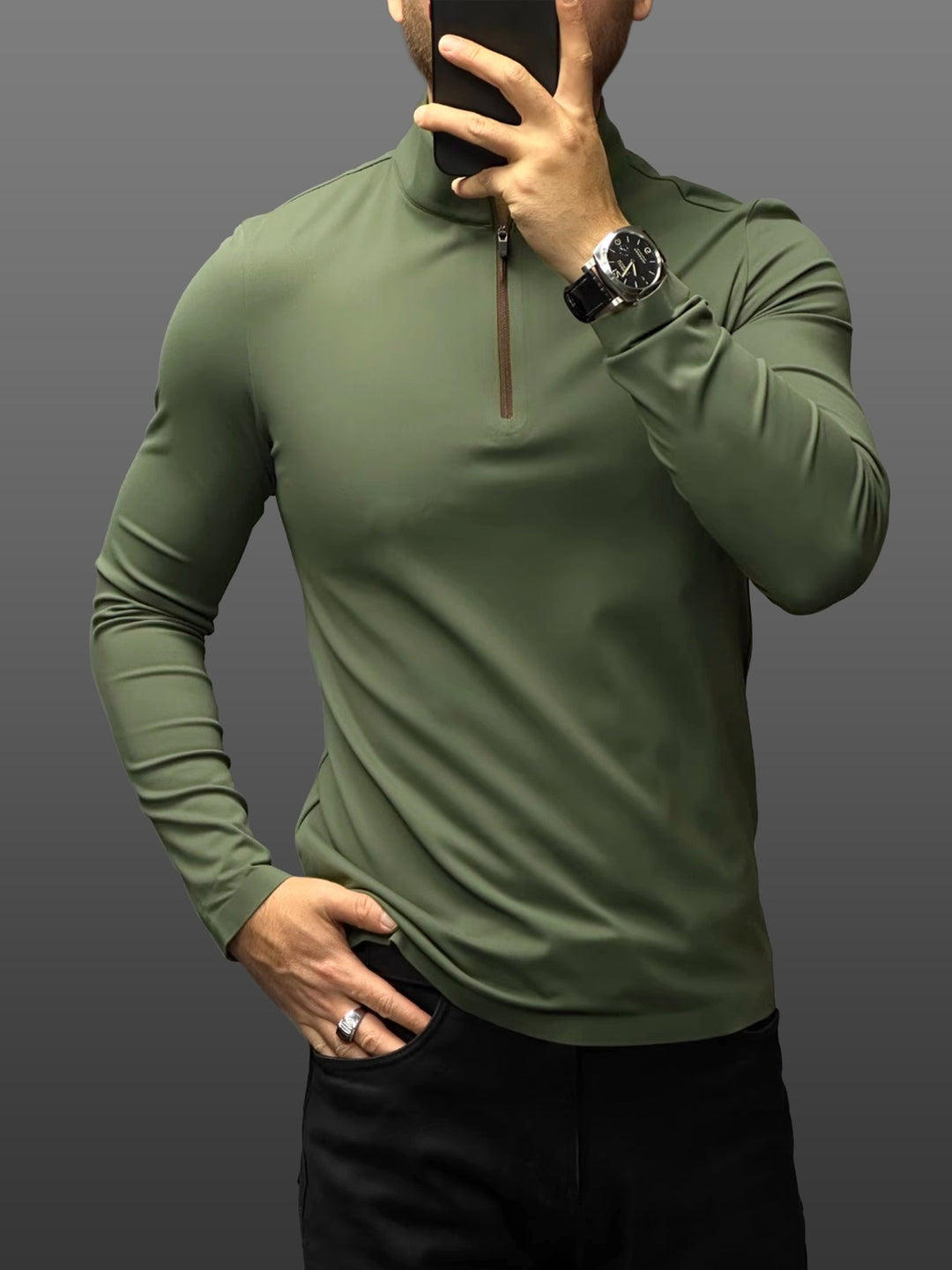 SmoothBlend Slim Fit Half Zip Mock Neck Tee: Zip Contrast Color