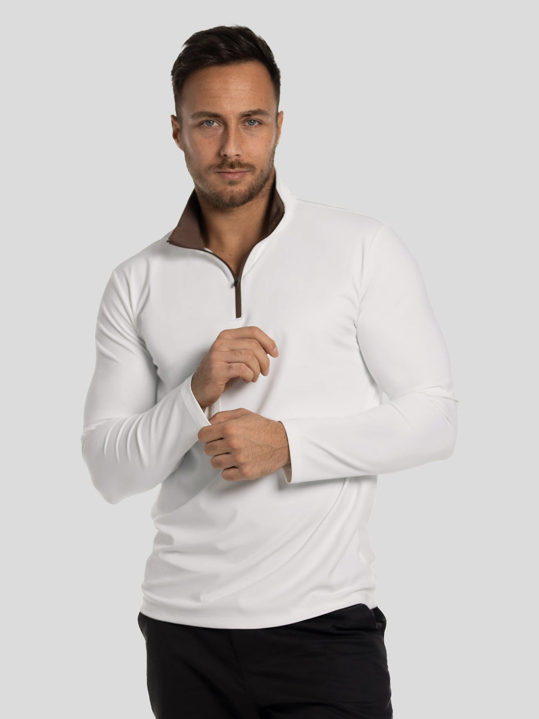 SmoothBlend Slim Fit Half Zip Mock Neck Tee: Zip Contrast Color